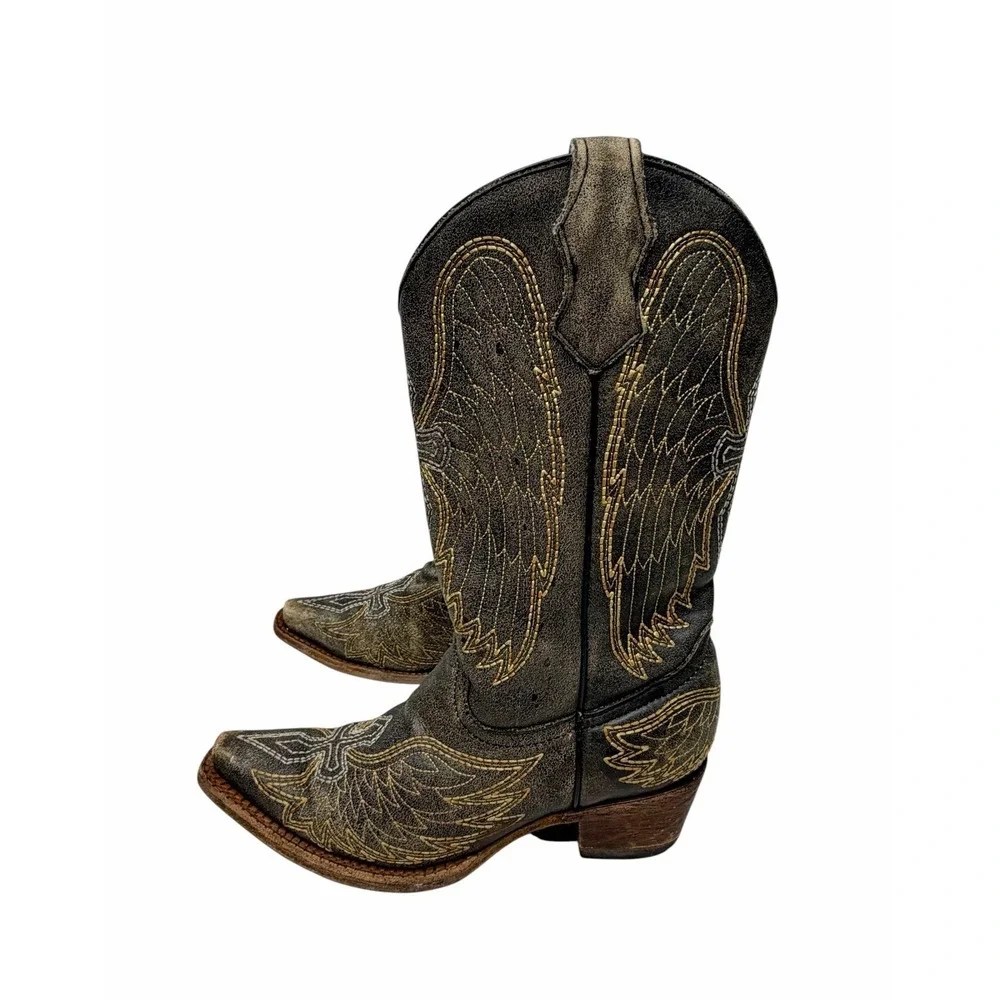 Corral Teen A1029 Youth 2.5T Distressed Black Leather Wings Cross Snip Toe Boots